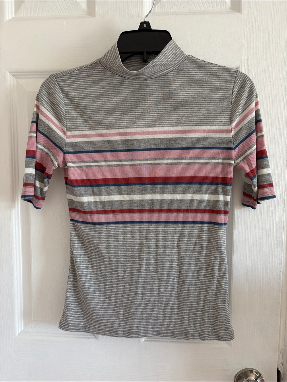 Arizona Jean Company Gray Striped Mock Neck Tee with Pink and Navy Accents